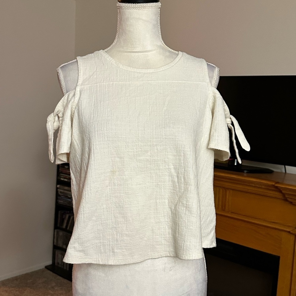 MADEWELL Skylark Top Cold Shoulder Bow Sz S Textured Ivory Boxy Relaxed Fit - Picture 2 of 9